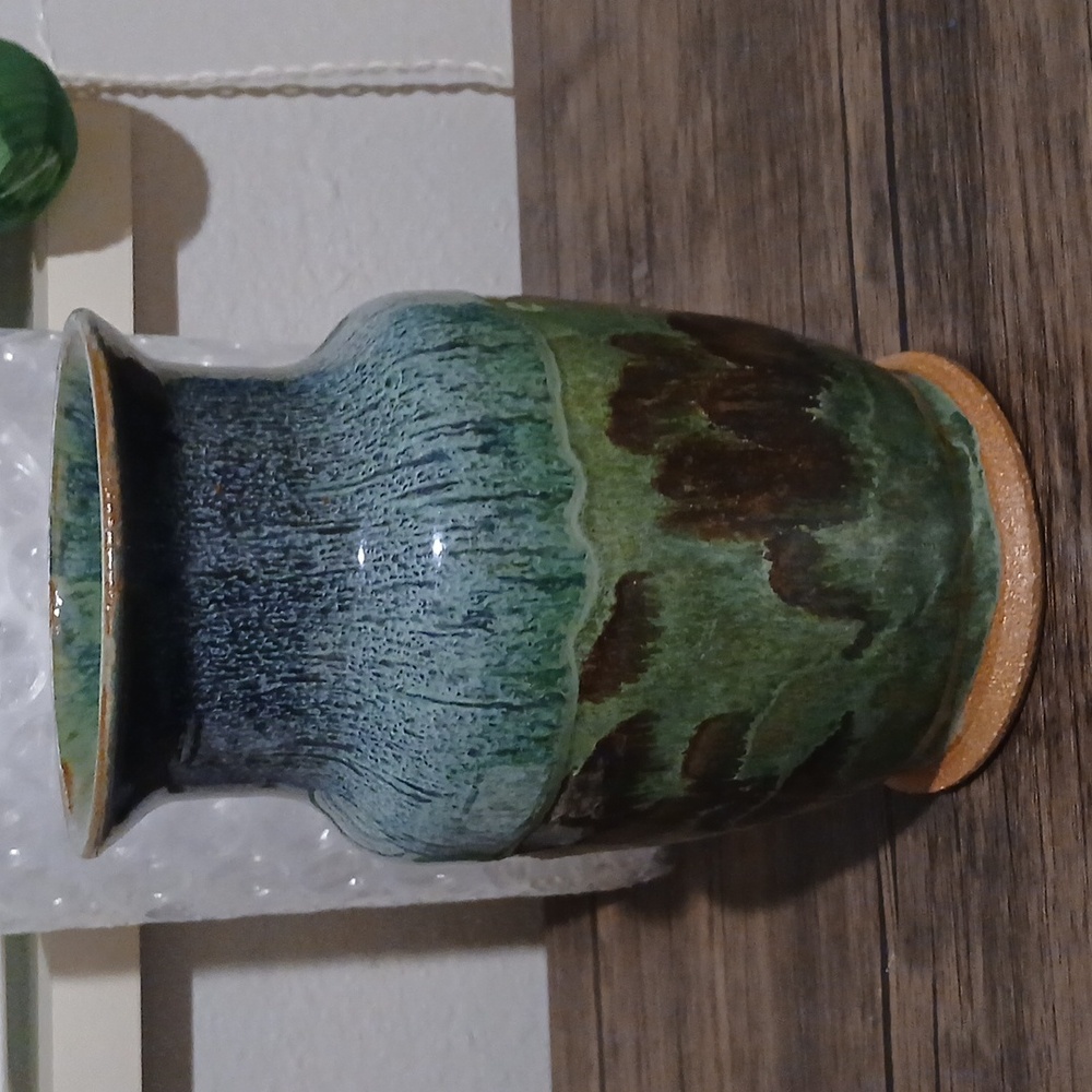 Stoneware Thick Glazed Vintage Vase Signed Gorgeous Colors 8"